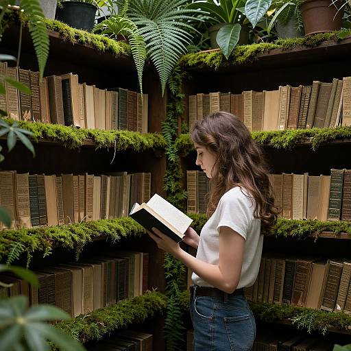 Photograph of a young woman with long brown hair, wearing a white t-shirt and blue jeans, reading a book in front of lush, moss-covered