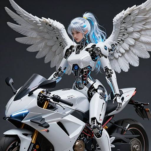 Digital artwork of a cybernetic angel with white wings riding a white sports motorcycle, featuring sleek, metallic armor and blue hair.