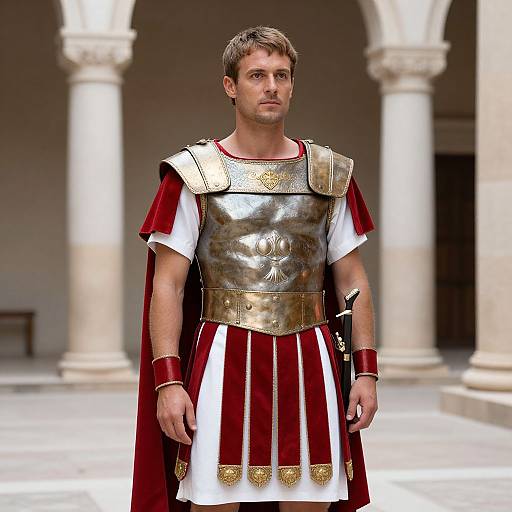Photograph of a young man in Roman-style armor with red and white tunic, gold accents, and red cape, standing in a colonnaded