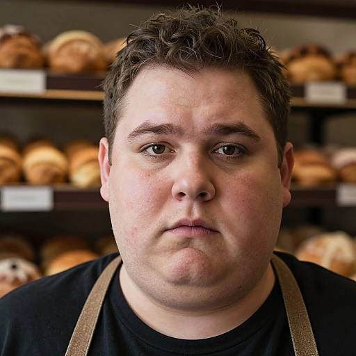 Photograph of a heavyset man with short, curly brown hair, fair skin, and brown eyes, wearing a black shirt and brown suspenders,