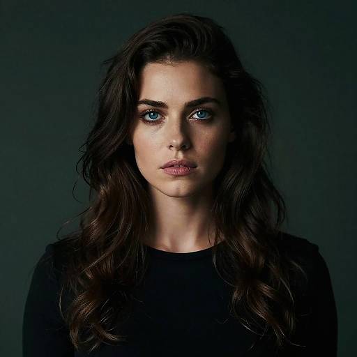 Photograph of a woman with long, wavy brown hair, striking blue eyes, and fair skin, wearing a black top, against a dark blue