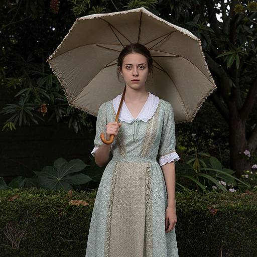 Photograph of a young woman with fair skin, dark hair, wearing a vintage green dress with white collar, holding a cream umbrella, standing in a
