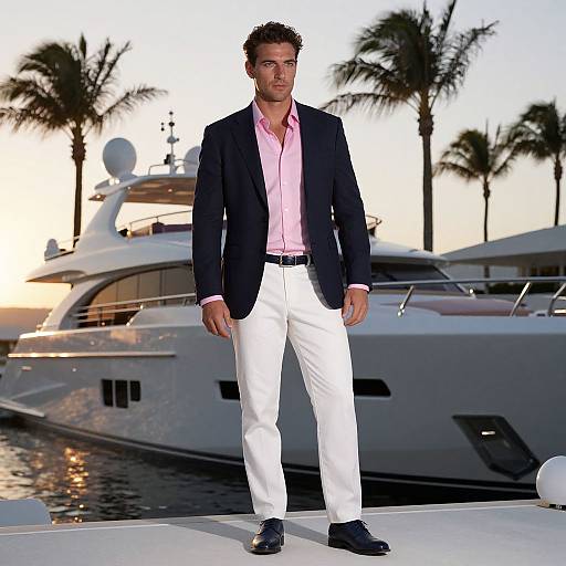 Photograph of a handsome man in a navy blazer, pink shirt, and white pants standing on a yacht dock at sunset, with palm trees and
