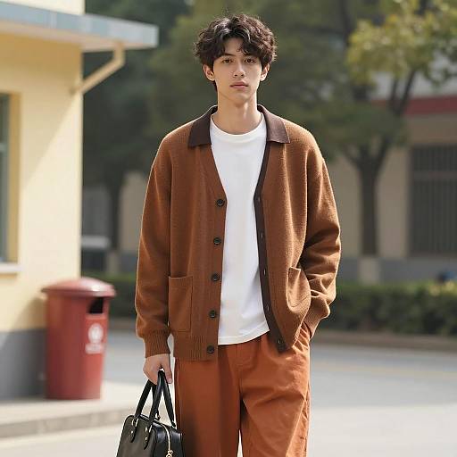 Young Man in Casual Brown Cardigan Outdoors