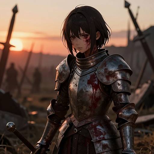 Digital painting of a blood-streaked, melancholic female warrior in battered silver armor, holding a sword, at sunset in a war-torn battlefield
