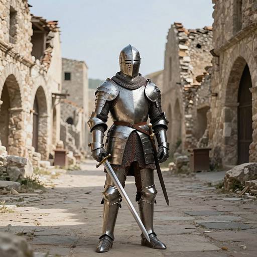 Photorealistic image of a knight in shiny silver armor, holding a sword, standing in a sunlit, ruined medieval stone courtyard.