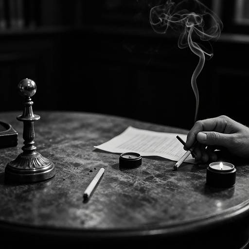 Black-and-white photograph of a hand smoking a cigarette while writing on paper, surrounded by a pen, inkwell, and chess piece on a dark,
