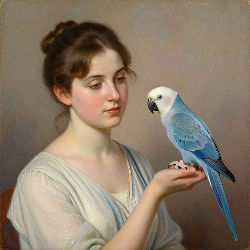 Digital painting of a fair-skinned woman with brown hair in a bun, wearing a light blue blouse, gently holding a blue-and-white cockatoo