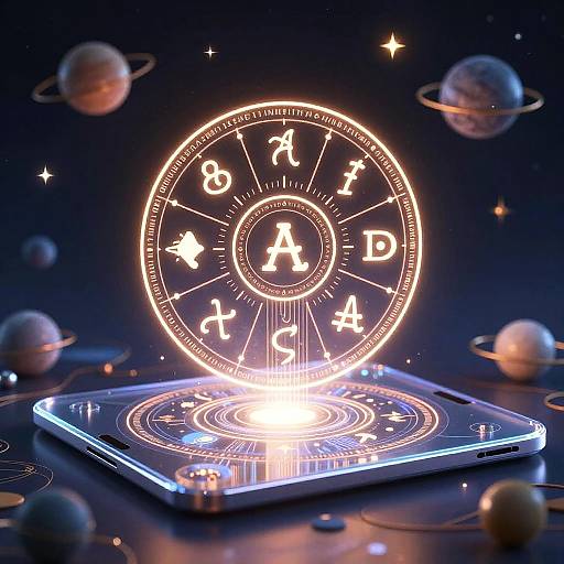 Digital CGI of a glowing zodiac wheel with astrological symbols above a illuminated tablet, set against a cosmic background with floating planets and stars.