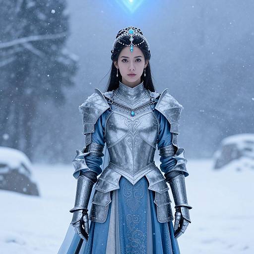 Photograph of an Asian woman in silver medieval armor and blue dress, standing in a snowy forest, wearing a jeweled tiara.