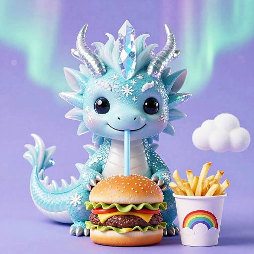 Opal-Scaled Ice Dragon Snacktime Under Aurora