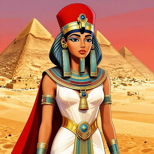 Digital art of an Egyptian queen with dark blue hair, red headdress, white dress, and gold jewelry, standing in front of pyramids at sunset
