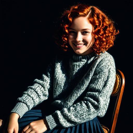 Smiling Teen Girl with Curly Red Hair in Vintage Sweater