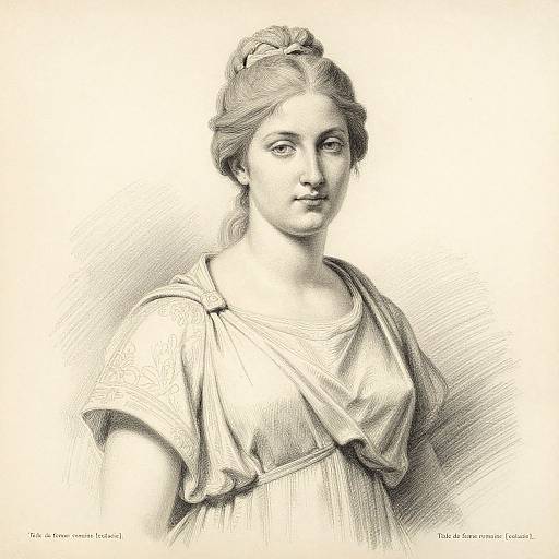 Black-and-white pencil drawing of a young woman with a braid, wearing a classical, draped gown, gazing slightly to the right. Text reads
