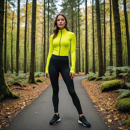 Woman in Neon Yellow Activewear on Forest Trail