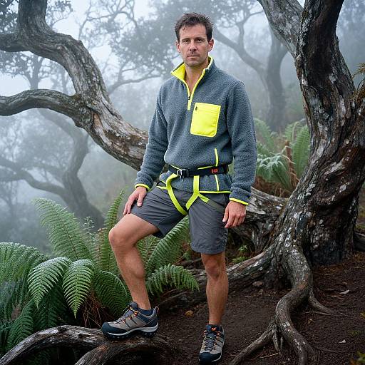 Photograph of a fit, short-haired man in a grey and yellow athletic jacket and shorts, standing on a tree root in a misty forest with