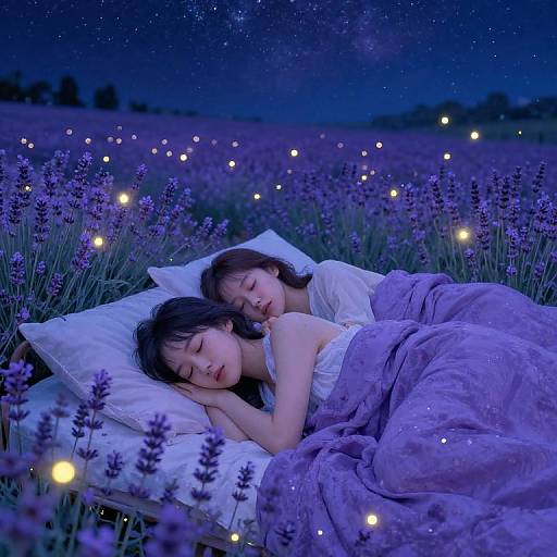 Photograph of two sleeping Asian women in a lavender field at night, surrounded by glowing fireflies, under a starry sky.