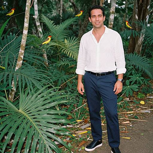 Photograph of a smiling man in a white shirt and navy pants, standing in a lush, tropical forest with large green leaves and colorful parrots in