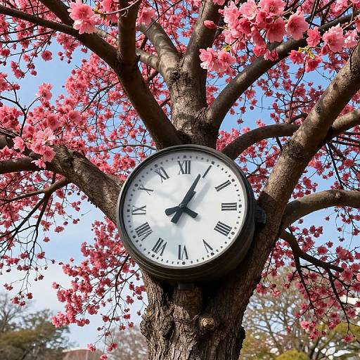 Photograph of a black clock with white face and black Roman numerals, mounted on a tree with vibrant pink cherry blossoms against a clear blue sky