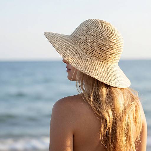 Photograph of a blonde woman with long hair, wearing a wide-brimmed straw hat, topless, facing the ocean at sunset.