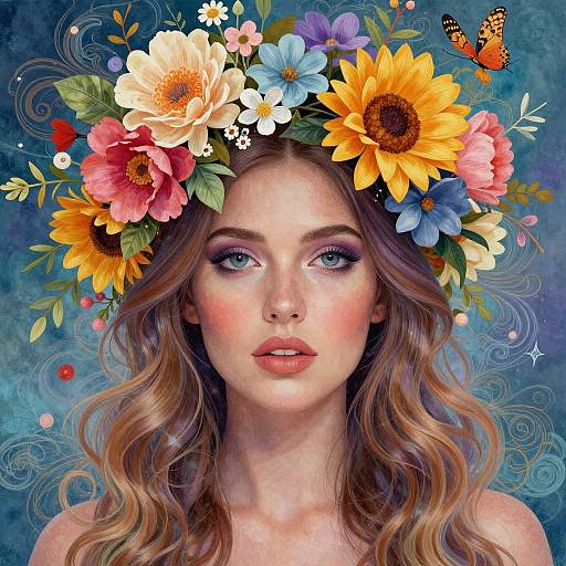 Digital painting of a fair-skinned woman with blue eyes, wearing a vibrant flower crown with sunflowers and daisies, surrounded by butterflies, against