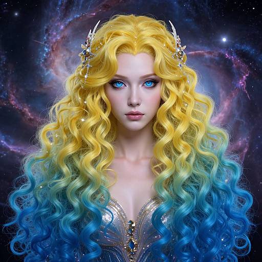 Digital artwork of a fair-skinned woman with vibrant yellow-to-blue ombre hair, blue eyes, and star-adorned headpiece, set