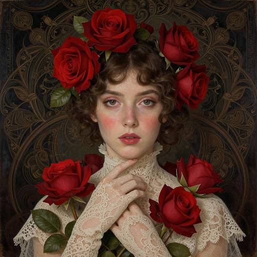 Photorealistic portrait of a fair-skinned woman with curly brown hair, wearing a lace gown, surrounded by red roses, and holding her hands delic