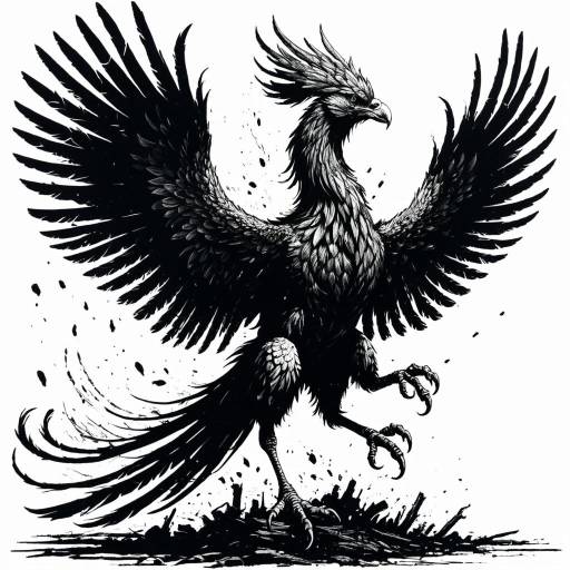Mystical Phoenix Rising from Ashes Ink Drawing