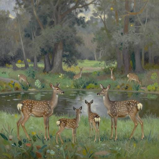 Hyperrealistic Deer Family at Pond