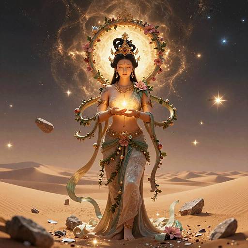 Digital artwork of a serene, ethereal goddess with dark hair, floral crown, and white dress, holding a glowing orb, surrounded by celestial lights and
