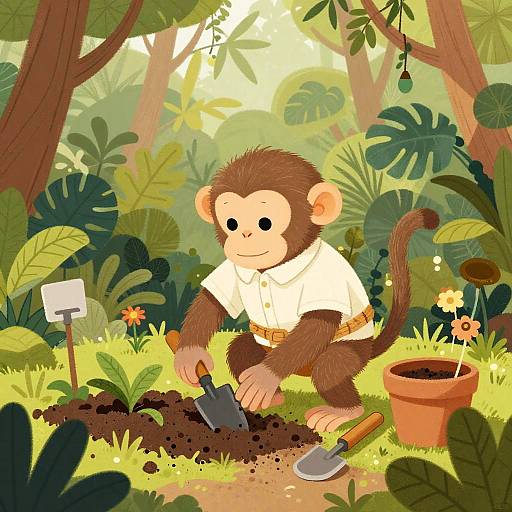 Cartoon monkey in white shirt digging soil with shovel, surrounded by lush jungle plants, flowers, and a terra cotta pot. Bright, colorful,