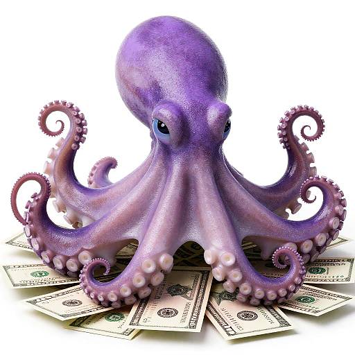 Photograph of a vibrant purple, cartoon-style octopus with curled tentacles and large black eyes, sitting on scattered US dollar bills.