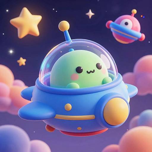 Cute, green, cartoon alien with blush cheeks and a smile, in a blue, dome-topped spaceship, floating in a starry, cloudy