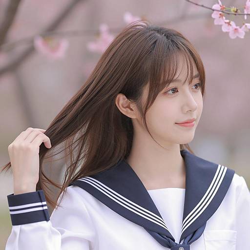 Asian Woman in Sailor Shirt with Blossoms