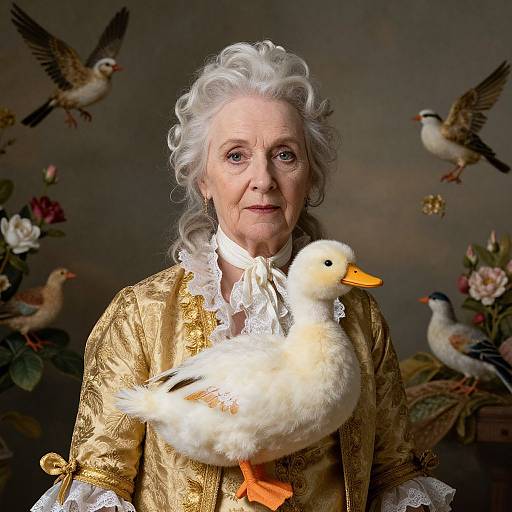 Photograph of an elderly white woman with curly white hair, wearing a gold embroidered dress, holding a white duck, surrounded by flying birds and floral arrangements