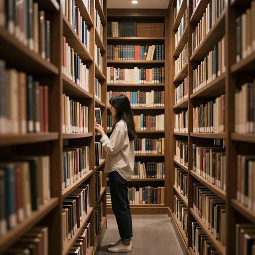 Photograph of a woman with long black hair, wearing a white blouse and black pants, standing in a dimly lit library aisle, reaching for a