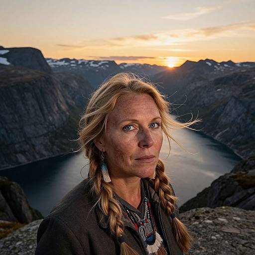 Photograph of a blonde woman with braided hair, wearing tribal jewelry, standing against a sunset-lit, mountainous fjord landscape.