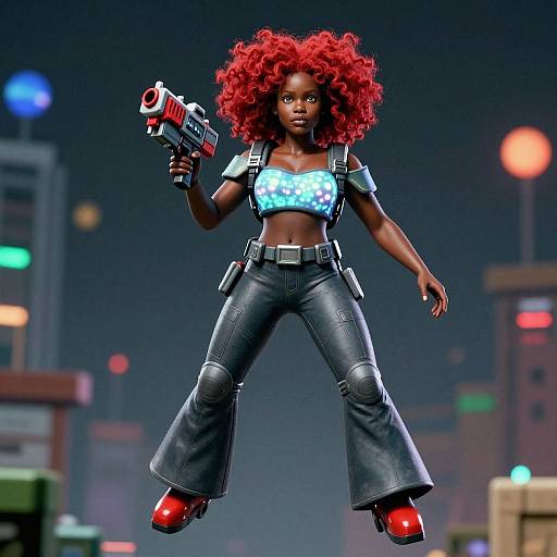 CGI image of a fierce, dark-skinned woman with vibrant red afro, wearing a blue crop top, black leather pants, and red boots