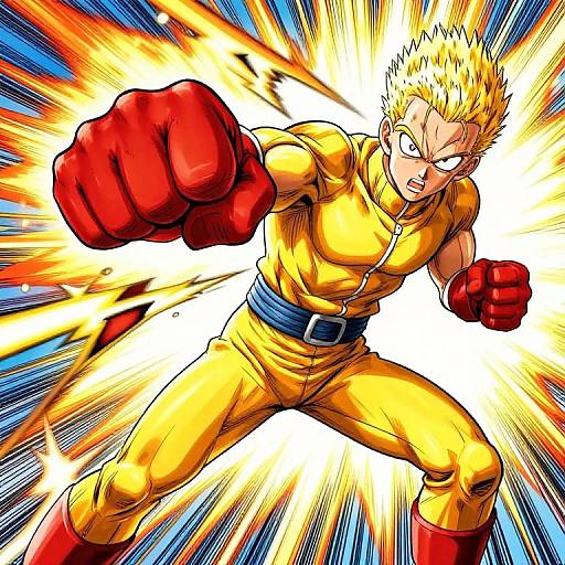 Dynamic anime-style illustration of a fierce, blond-haired, yellow-uniformed fighter with red gloves, fists clenched, surrounded by explosive, radiant energy