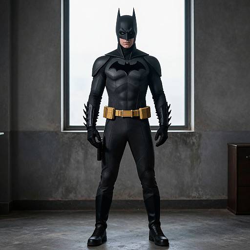 Photograph of Batman in a dark, muscular costume with a bat emblem, golden utility belt, and black mask, standing confidently in front of a bright