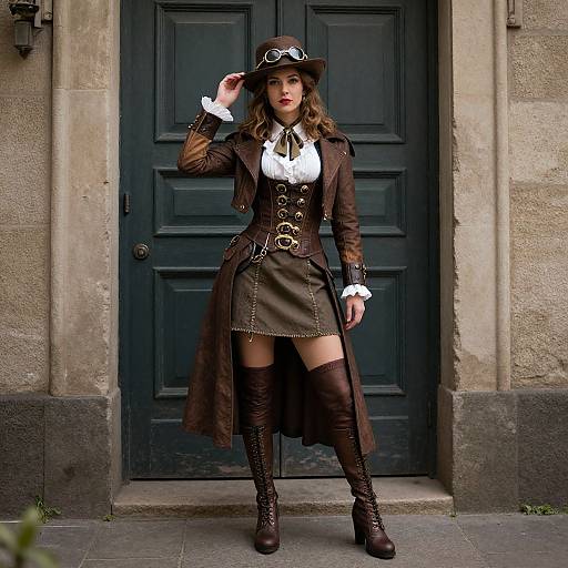 Photograph of a woman in steampunk attire, wearing a brown hat, white blouse, brown corset, skirt, and boots, standing in