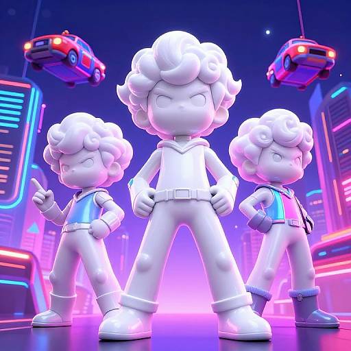 CGI image of three white, stylized cartoon characters with curly hair, standing confidently in a neon-lit, futuristic cityscape with hovering red cars