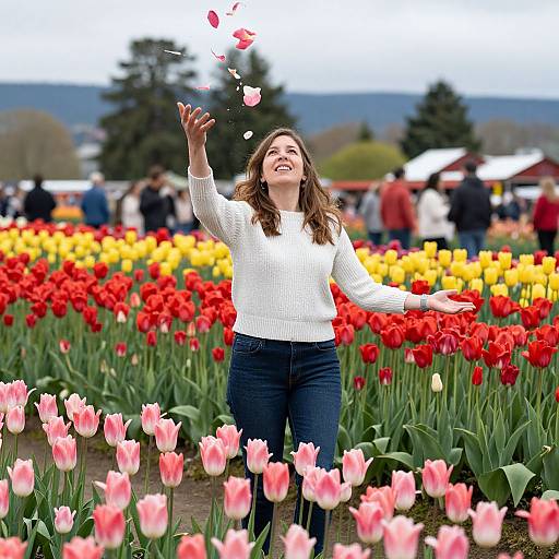 Photograph of a smiling woman with brown hair, wearing a white sweater and jeans, joyfully tossing pink tulip petals in a vibrant field of red