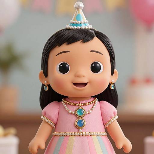 Photograph of a cute, smiling doll with black hair, wearing a pink dress, blue gem necklace, earrings, and a silver tiara, standing
