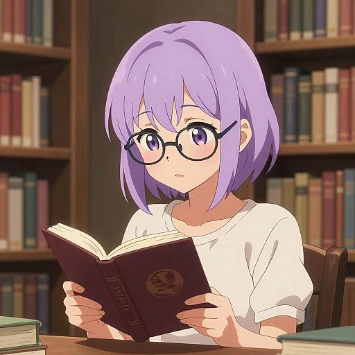 Anime-style digital drawing of a purple-haired girl with glasses, wearing a white shirt, reading a book in a library.