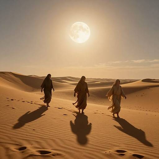 Photograph of three silhouetted figures in flowing robes walking through a golden desert at sunset, casting long shadows on rippled sand.
