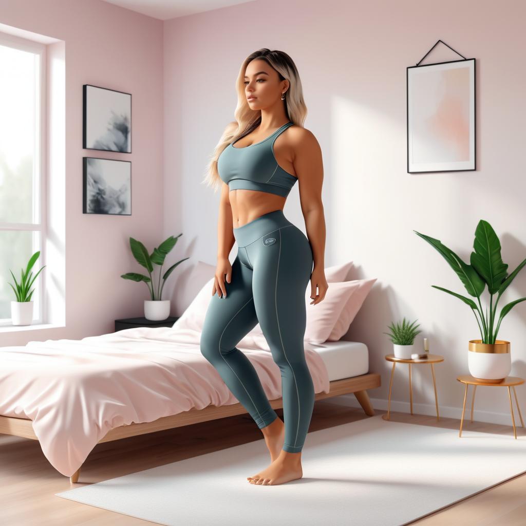 Timid Fitness Girl in Bedroom Pose