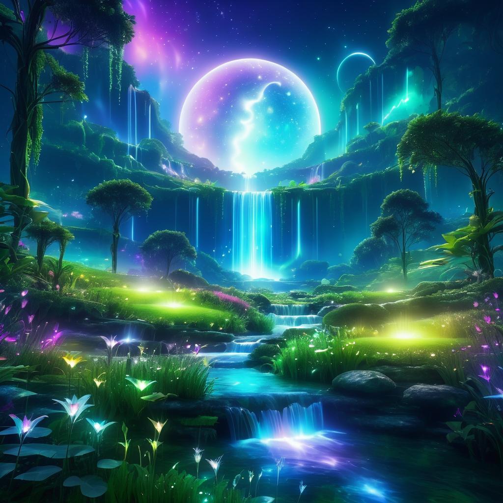 Surreal Avatar Meadow with Glowing Waterfall