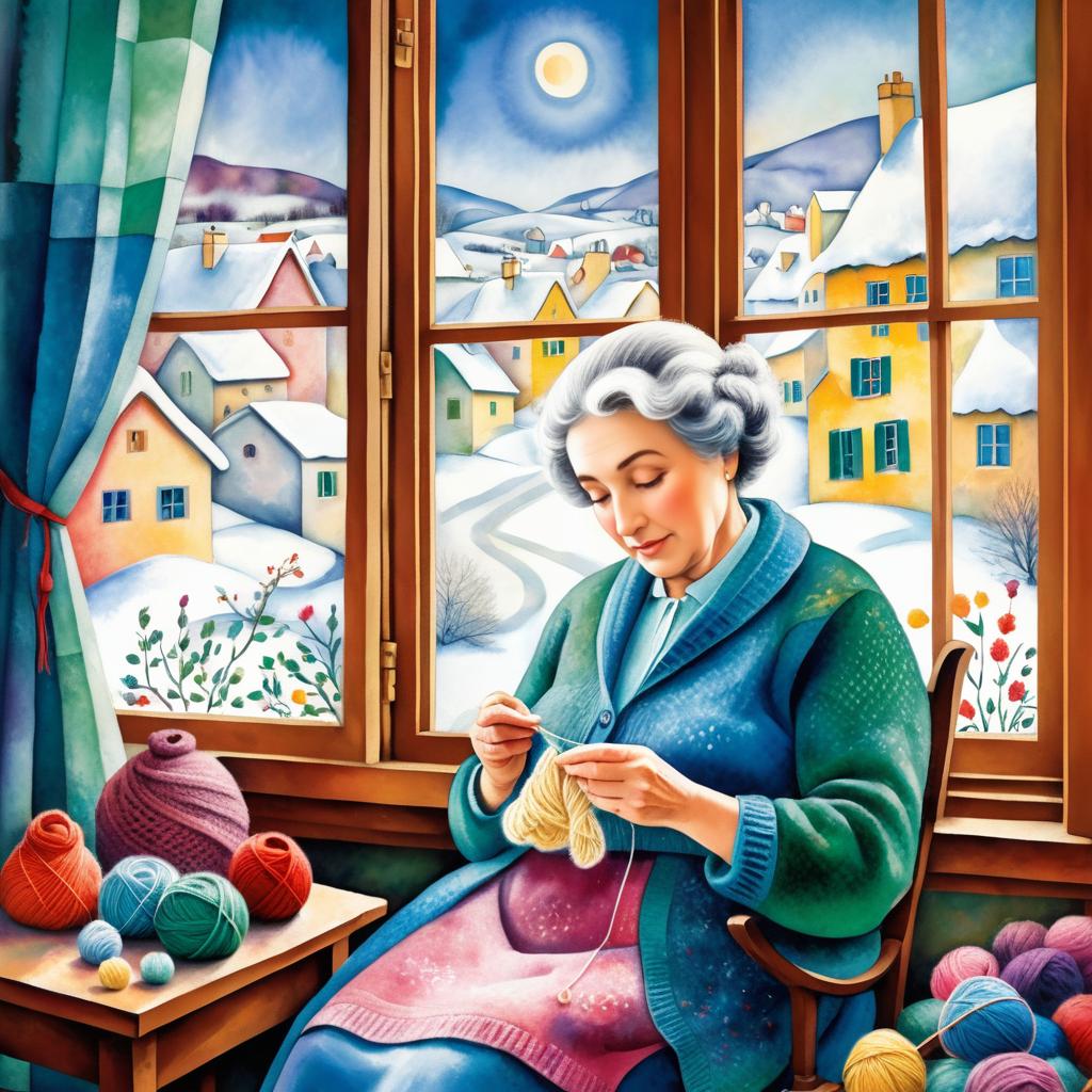 Grandma Knitting in Chagall's Style