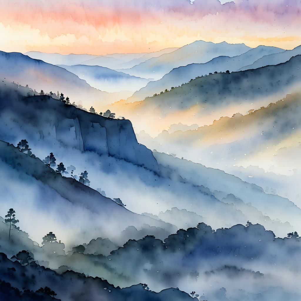 Misty Foothills at Dawn: Watercolor Scene